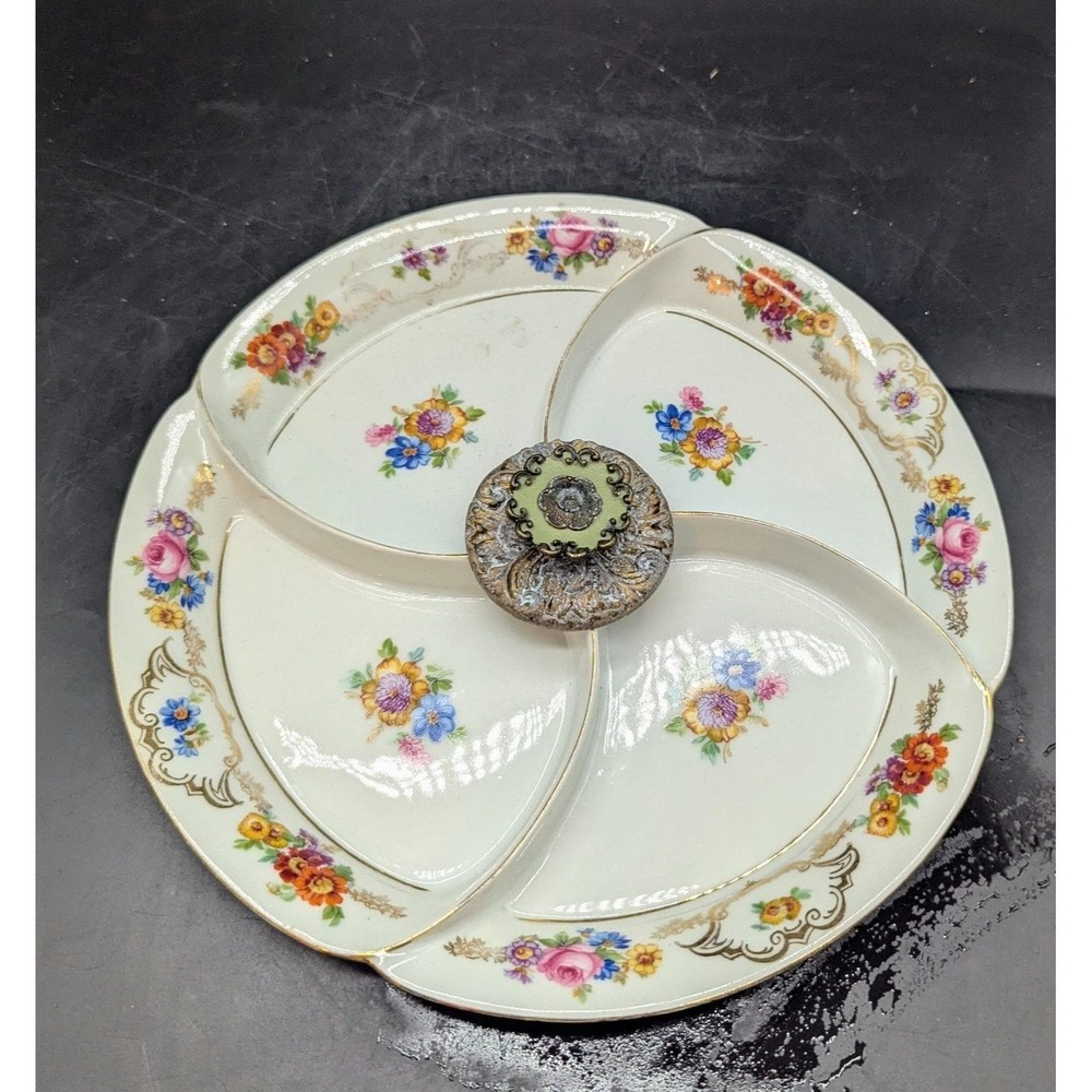 Vintage Union Czechoslovakia 4 Compartment Divided Serving Dish Flower Handle